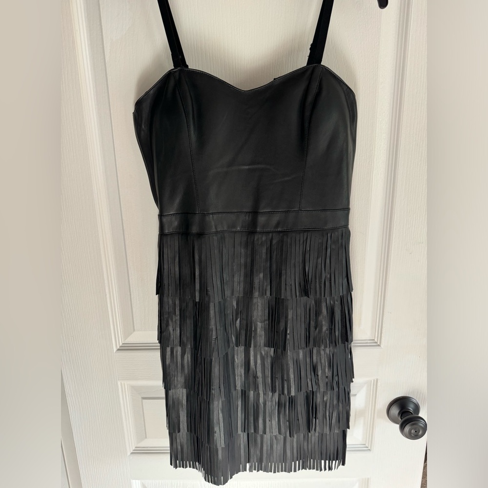Guess Faux Leather Fringe Black Dress